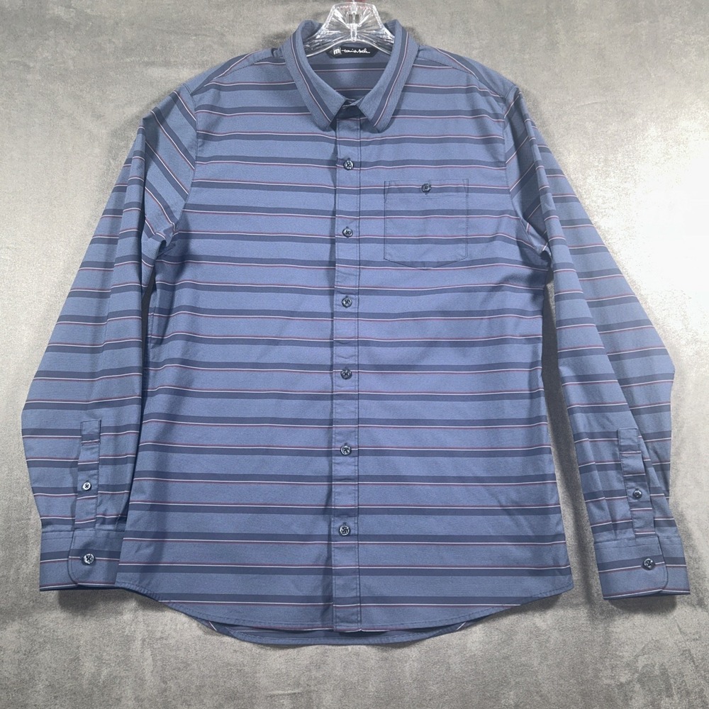 Travis Mathew Long Sleeve Button Up Shirt Mens L Striped Blue Gray Polyester